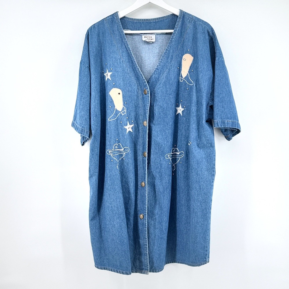 Match Point Denim Dress Western Embroidered Plus Blue Women Vintage Cowgirl